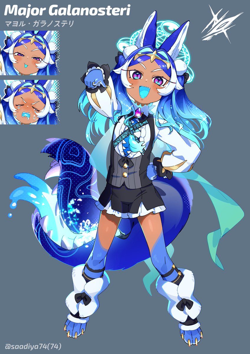 1boy animal_ears animal_feet artist_name black_shorts black_vest blue_eyes blue_hair blue_tongue character_name reference_sheet child claws colored_tongue commentary_request full_body gradient_hair grey_background hand_on_own_hip hand_up long_hair long_sleeves looking_at_viewer male_focus monster_boy multicolored_eyes multicolored_hair open_mouth original pink_eyes pointing pointing_at_viewer puffy_long_sleeves puffy_sleeves saadiya74 sharp_teeth shirt shorts simple_background solo standing tail_mouth teeth twitter_username vest white_shirt wolf_boy wolf_ears