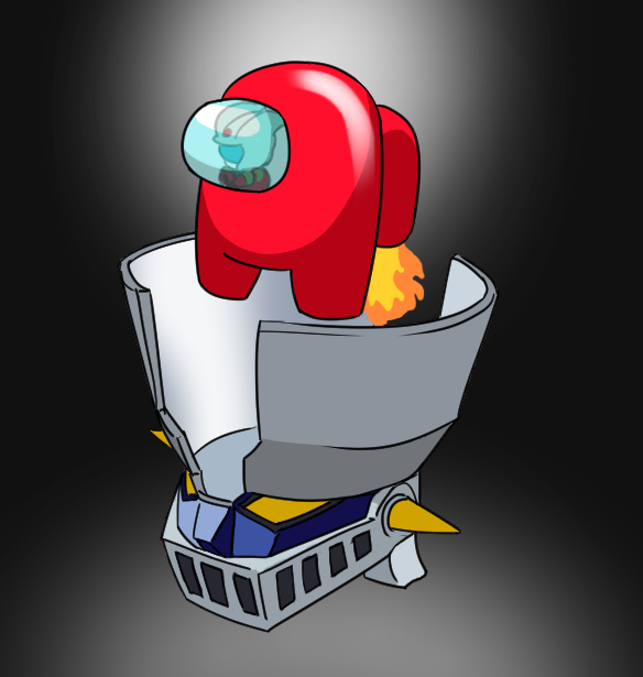 1boy among_us black_background commentary crewmate_(among_us) crossover english_commentary fire gattai helmet kabuto_kouji looking_ahead mazinger_(series) mazinger_z mazinger_z_(mecha) mecha orange_eyes parody red_(among_us) robot super_robot type_x