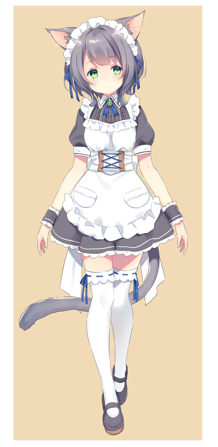 animal_ear_fluff animal_ears apron black_dress black_shoes brown_background cat_ears cat_girl cat_tail collared_dress commentary_request dress frilled_apron frills full_body green_eyes grey_hair highres kusumoto_shizuru maid maid_apron maid_headdress original puffy_short_sleeves puffy_sleeves ribbon-trimmed_legwear ribbon-trimmed_thighhighs ribbon_trim shoes short_sleeves simple_background solo standing tail thighhighs white_apron white_thighhighs wrist_cuffs