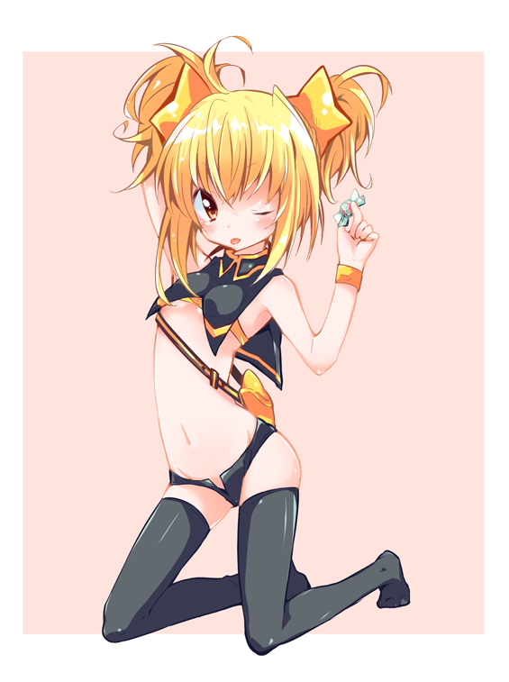 1girl arm_up bag black_thighhighs blonde_hair blush breasts brown_eyes candy_wrapper commentary_request full_body gen_4_pokemon hair_ornament holding kneeling long_hair nakamura_sandayo navel nintendo one_eye_closed personification pokemon shinx shoulder_bag solo thighhighs tongue tongue_out wristband