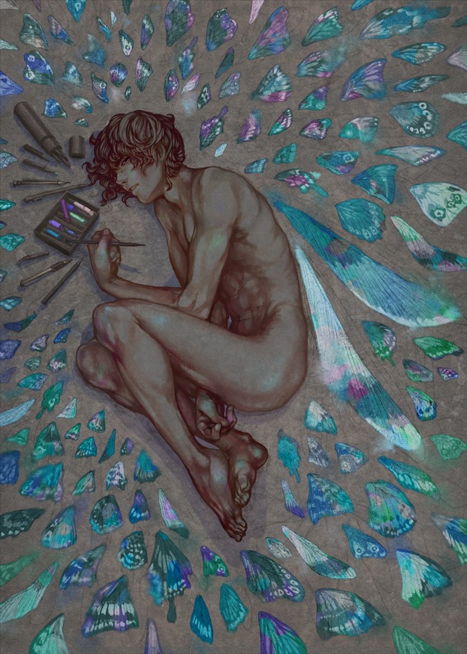 1boy bad_id bad_pixiv_id barefoot between_legs brown_hair bug butterfly butterfly_wings dark-skinned_male dark_skin drill_bit from_above hand_between_legs insect insect_wings lying male_focus nude on_side original pastels pen pencil plantar_flexion shinozakihonaka solo wings