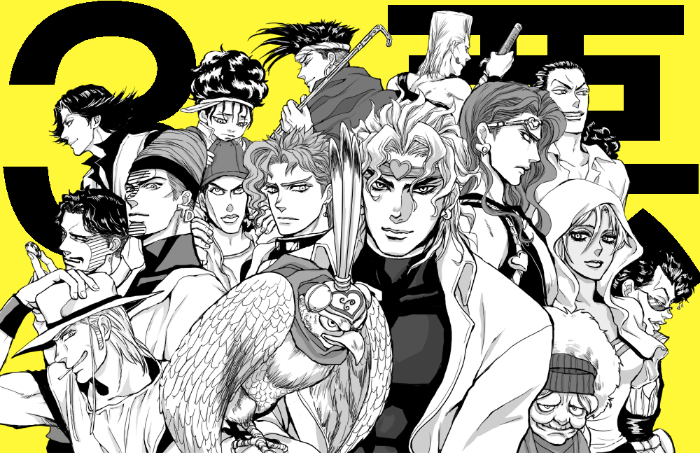 6+boys alessi amaiyu_(rewrite1) bad_id bad_pixiv_id bird boingo brothers cane carrying cigarette cowboy_hat daniel_j._d&#039;arby dio_brando earrings enya_geil closed_eyes facial_mark falcon feathers gakuran grin hat headband helmet hol_horse hood jean_pierre_polnareff jewelry jojo_no_kimyou_na_bouken kakyoin_noriaki long_hair male_focus mariah_(jojo) monochrome multiple_boys n&#039;doul oingo pet_shop poker_chip rubber_soul school_uniform shoulder_carry siblings sideways_hat smile steely_dan sunglasses terence_t._d&#039;arby turtleneck vanilla_ice visor_cap