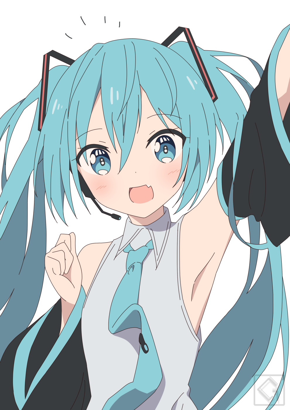 1girl aqua_eyes aqua_hair aqua_necktie armpits bare_shoulders blush collared_shirt commentary_request cropped_torso detached_sleeves dress_shirt fang giryu grey_shirt hair_between_eyes hatsune_miku headset highres long_hair looking_at_viewer necktie open_mouth shirt skin_fang sleeveless sleeveless_shirt smile solo tie_clip twintails vocaloid watermark white_background