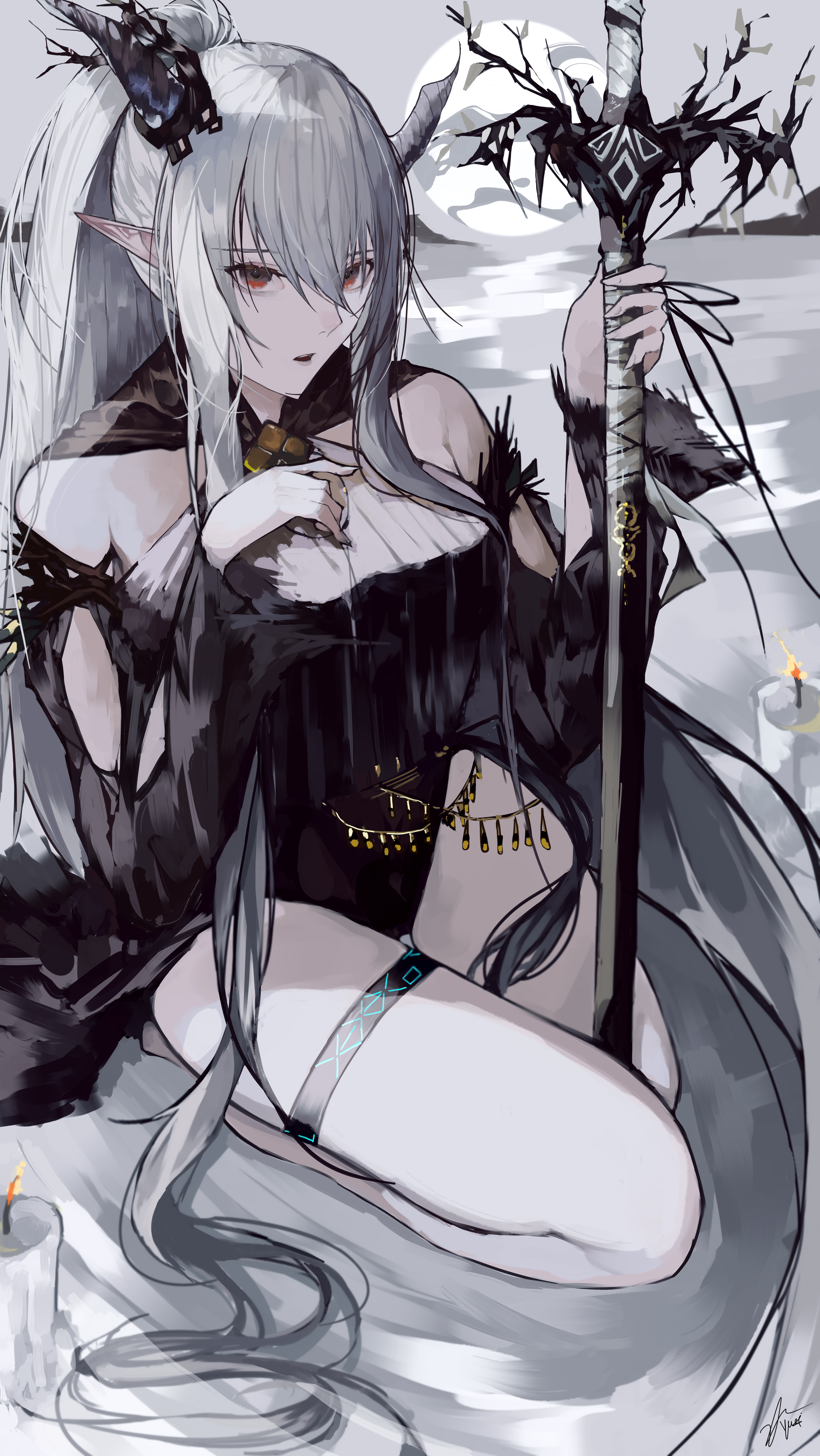 1girl absurdly_long_hair absurdres arknights black_one-piece_swimsuit casual_one-piece_swimsuit demon_horns food grey_hair hair_spread_out highres holding holding_staff horns infection_monitor_(arknights) long_hair official_alternate_costume one-piece_swimsuit pointy_ears ribbed_swimsuit shining_(arknights) shining_(silent_night)_(arknights) shish_kebab staff swimsuit swimsuit_cover-up thigh_strap very_long_hair yuki_flourish