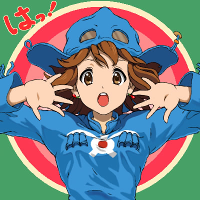 1980s_(style) 1girl brown_eyes brown_hair cosplay earrings female_focus go!go!_maniac hat hirasawa_yui jewelry k-on! kawa_(2468) kawa_(river) kaze_no_tani_no_nausicaa kaze_no_tani_no_nausicaa_(cosplay) lowres nausicaa nausicaa_(cosplay) oldschool open_mouth retro_artstyle round_teeth solo teeth