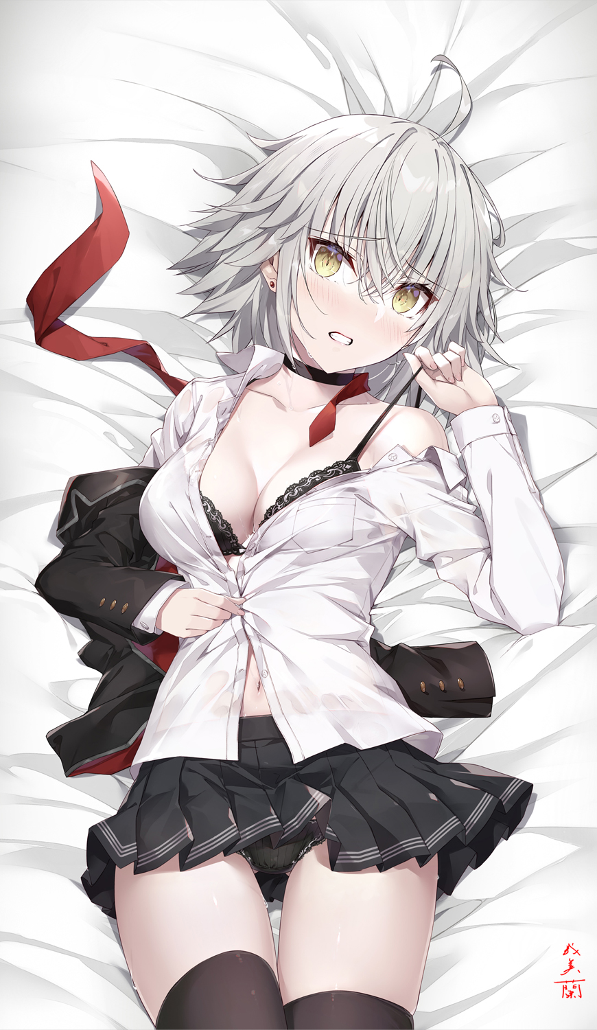 black_bra black_panties bra breasts cleavage collarbone fate/grand_order fate_(series) gabiran highres jeanne_d&#039;arc_(fate) jeanne_d&#039;arc_alter_(avenger)_(fate) jeanne_d&#039;arc_alter_(fate) lying navel panties shirt tagme thigh_gap thighhighs type-moon underwear white_hair white_shirt