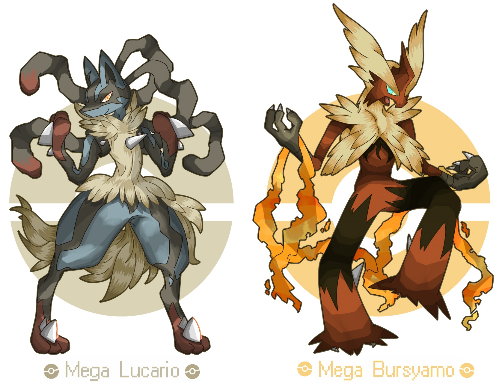 black_hair blaziken claws closed_mouth colored_sclera fire gen_3_pokemon gen_4_pokemon green_eyes highres kanna_(kan419_k) lucario mega_blaziken mega_lucario mega_pokemon multicolored_hair nintendo pokemon pokemon_(creature) red_eyes red_hair smile spikes two-tone_hair yellow_sclera