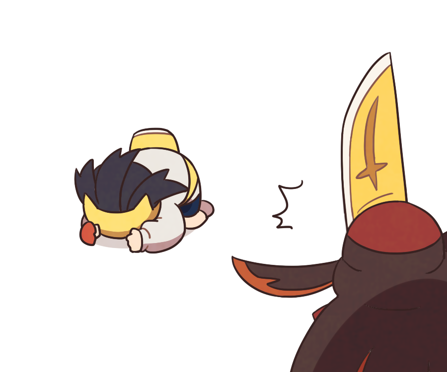 1boy black_hair face_down foot_on_head gloves jacket kieran_(pokemon) kingambit male_focus nintendo on_floor pokemon pokemon_(creature) pokemon_sv prostration shirt simple_background ssalbulre white_background white_jacket