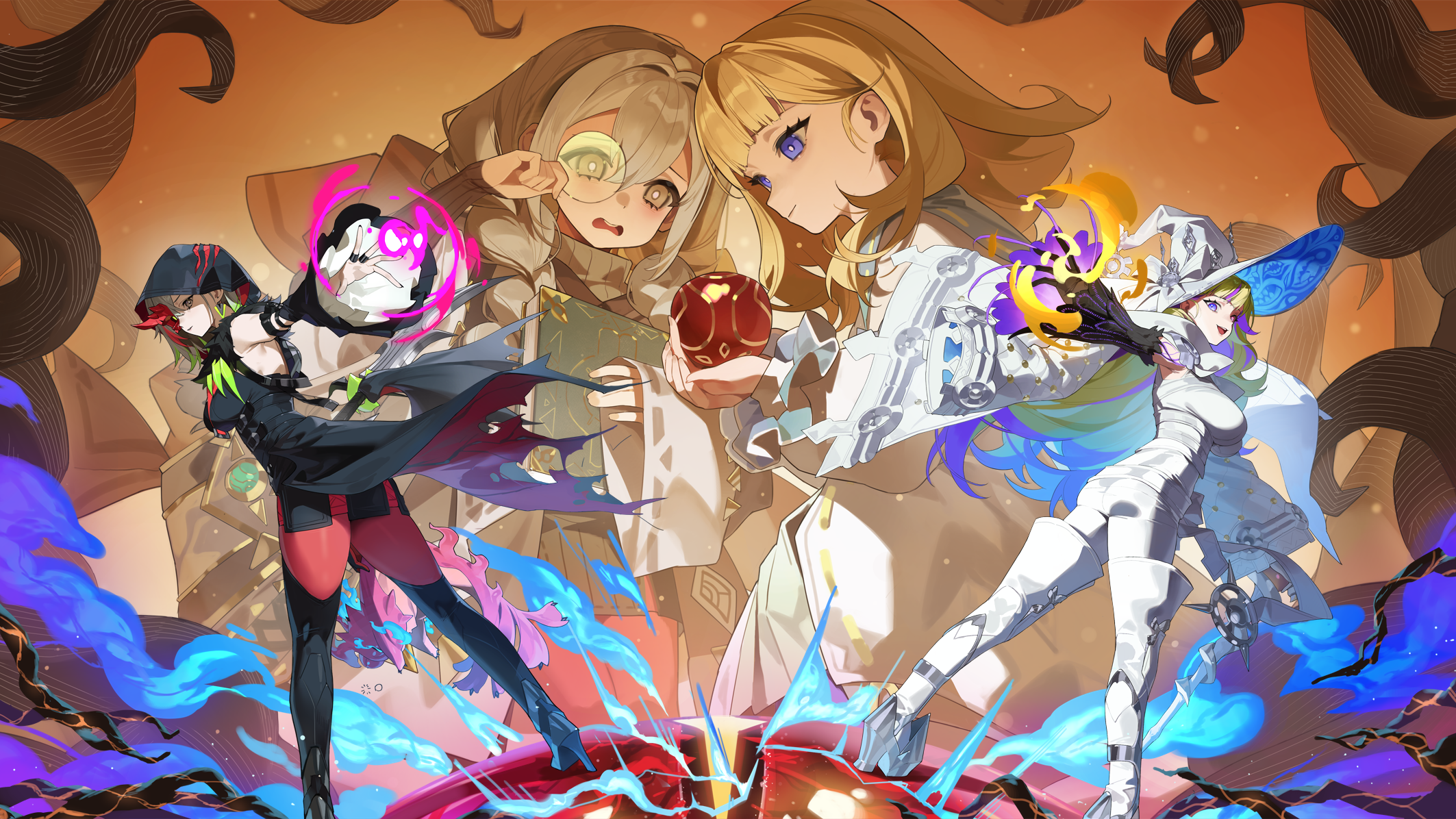 4girls apple ass astellar_of_the_white_forest blonde_hair blue_eyes bodysuit book braid breasts cleavage coat detached_sleeves diabellstar_the_black_witch diabellze_the_original_sinkeeper dress duel_monster elzette_of_the_white_forest eye_of_horus food fruit gloves green_eyes green_hair grey_eyes grey_hair half_mask hat highres hood hood_up large_breasts long_hair looking_at_viewer mask medium_hair monocle multicolored_hair multiple_girls nail_polish pale_skin pantyhose purple_hair red_cucumber red_mask red_pantyhose single_detached_sleeve single_sleeve smile streaked_hair twin_braids white_bodysuit white_dress white_hat witch witch_hat yu-gi-oh!