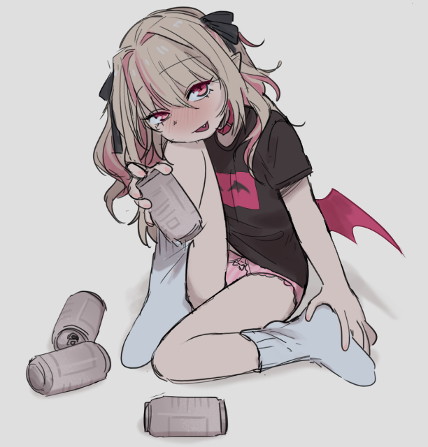 1girl beer_can black_shirt blush can demon_girl demon_wings drink_can drunk fang female_focus grey_background grey_hair hair_intakes holding holding_can looking_at_viewer low_wings makaino_ririmu nijisanji open_mouth panties pink_eyes pink_panties pointy_ears shirt simple_background sitting smile socks solo t-shirt tnso underwear virtual_youtuber wings