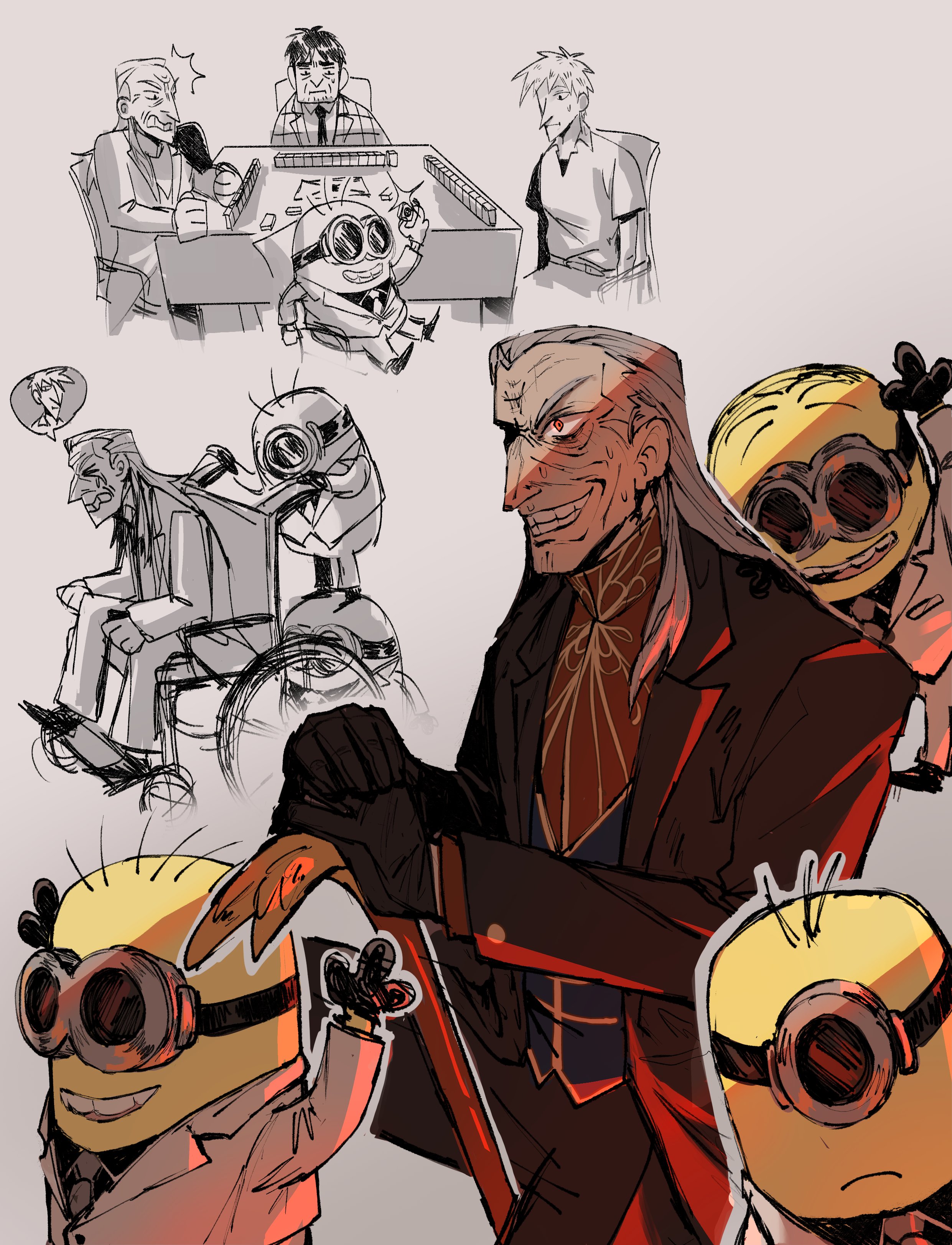 5boys absurdres aji_(aegiscore) akagi:_yami_ni_oritatta_tensai akagi_shigeru black_jacket blazer cane closed_mouth collared_shirt colored_skin commentary cowboy_shot crossover despicable_me english_commentary fukumoto_mahjong glint goggles grey_background grey_hair grey_vest grin hair_slicked_back highres holding holding_cane jacket long_hair looking_at_another mahjong mahjong_table mahjong_tile mandarin_collar minion_(despicable_me) multiple_boys old old_man red_eyes red_shirt shirt short_hair simple_background smile table vest washizu_iwao wheelchair yasuoka yellow_skin