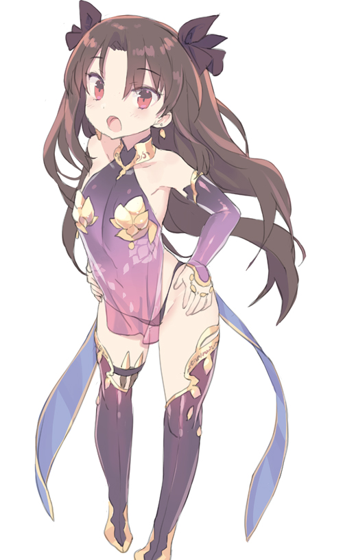 1girl :o aged_down bare_shoulders black_panties blade_(galaxist) blush boots brown_hair brown_ribbon collarbone cosplay detached_sleeves dress earrings fate/grand_order fate_(series) female_focus full_body hair_ribbon hands_on_own_hips ishtar_(fate) jewelry kama_(fate) kama_(fate)_(cosplay) kama_(second_ascension)_(fate) long_hair long_sleeves looking_at_viewer open_mouth panties parted_bangs purple_boots purple_dress purple_sleeves purple_thighhighs red_eyes ribbon see-through_clothes simple_background sleeveless sleeveless_dress sleeves_past_wrists solo standing thigh_boots thighhighs two_side_up underwear very_long_hair white_background