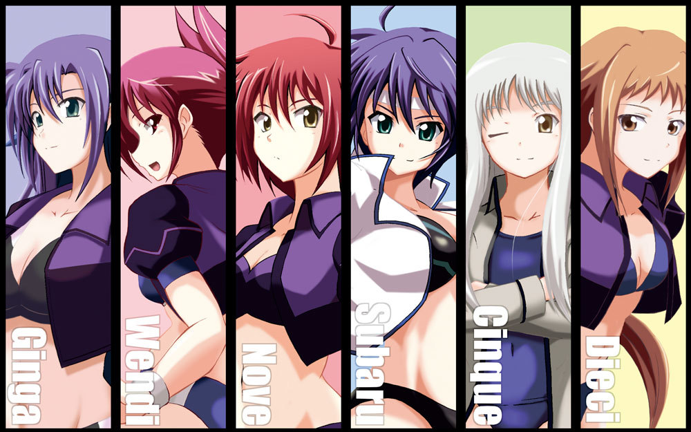 00s 6+girls azumaya_hironaru bikini breasts cinque_(nanoha) cleavage column_lineup dieci_(nanoha) from_behind ginga_nakajima green_eyes jacket long_hair lyrical_nanoha mahou_shoujo_lyrical_nanoha mahou_shoujo_lyrical_nanoha_strikers midriff missing_eye multiple_girls nove_(nanoha) numbers_(nanoha) one-piece_swimsuit one_eye_closed purple_hair red_eyes red_hair school_swimsuit short_hair siblings silver_hair sisters subaru_nakajima swimsuit wendi_(nanoha) wink yellow_eyes