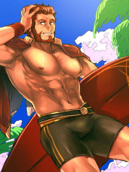 01rosso 1boy abs alternate_costume bara bare_pectorals beard black_jammers black_male_swimwear bulge capelet facial_hair fate/grand_order fate/zero fate_(series) hand_on_own_head holding holding_surfboard iskandar_(fate) jammers large_pectorals male_focus male_swimwear manly muscular pectorals red_capelet red_eyes red_hair short_hair solo summer surfboard swimsuit thighs topless_male