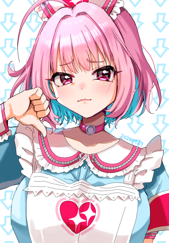 1girl ahoge apron aqua_dress aqua_hair armband arrow_(symbol) ayaca blush breasts choker closed_mouth collar collarbone colored_inner_hair commentary dated dress frilled_apron frills hat heart heart_print idolmaster idolmaster_cinderella_girls idolmaster_cinderella_girls_starlight_stage large_breasts looking_at_viewer medium_hair multicolored_hair nurse_cap pink_armband pink_choker pink_eyes pink_hair pink_hat pink_lips short_sleeves solo sparkle_print tearing_up thumbs_down two-tone_hair two-tone_hat upper_body white_apron white_background white_collar white_hat white_wrist_cuffs wrist_cuffs yumemi_riamu