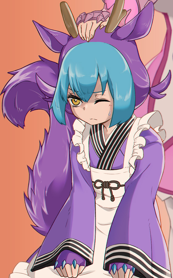 2girls apron blue_hair blue_kimono closed_mouth dragon_girl dragon_horns dragon_tail duel_monster eastern_dragon_horns fingerless_gloves frilled_apron frills gloves hair_between_eyes hand_on_another&#039;s_head horns ilen_ien japanese_clothes kimono laundry_dragonmaid long_sleeves maid_apron multiple_girls nurse nurse_dragonmaid one_eye_closed short_twintails simple_background solo_focus sweat tail twintails white_apron yellow_eyes yu-gi-oh!