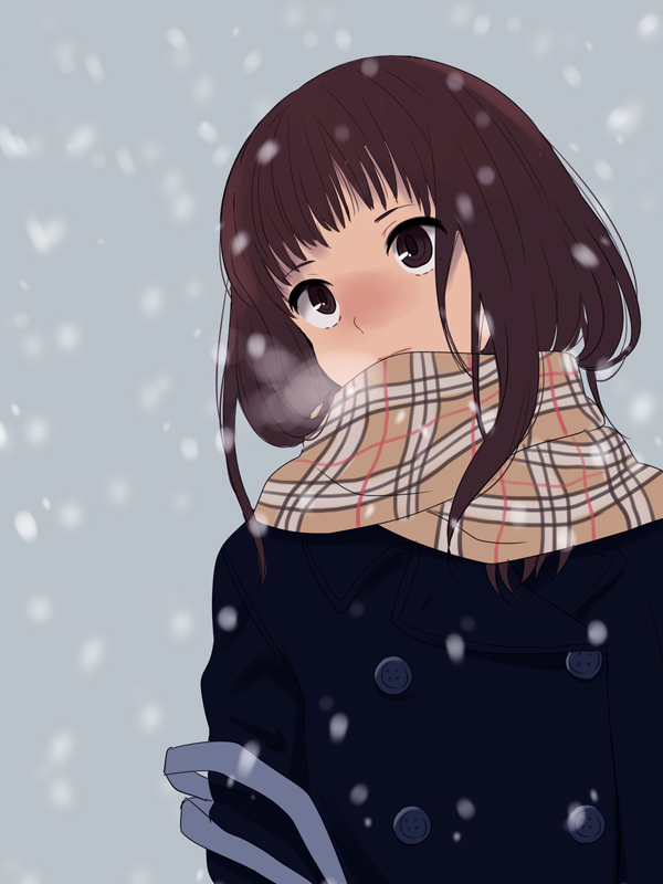 1girl bad_id bad_pixiv_id bag breath brown_eyes brown_hair coat female_focus ica long_hair original peacoat plaid_clothes plaid_scarf scarf snow snowing solo