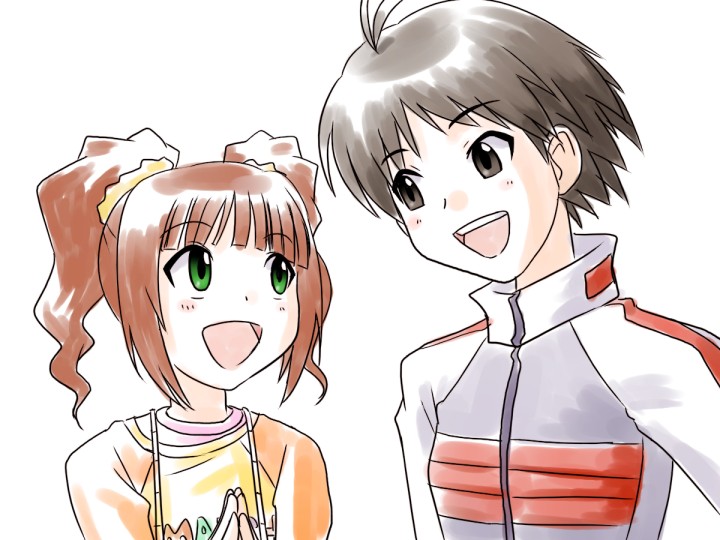 2girls :d antenna_hair black_hair blunt_bangs blush breasts brown_eyes brown_hair close-up clothes_writing commentary eye_contact green_eyes grey_jacket height_difference high_collar high_twin_braids idolmaster idolmaster_(classic) idolmaster_1 jacket kikuchi_makoto long_hair looking_at_another looking_to_the_side multicolored_jacket multiple_girls open_mouth orange_sweater pink_undershirt raglan_sleeves red_jacket scrunchie short_hair simple_background single_horizontal_stripe single_vertical_stripe small_breasts smile strap supon sweater takatsuki_yayoi teeth twintails upper_teeth_only wavy_hair white_background white_jacket yellow_scrunchie yellow_sweater