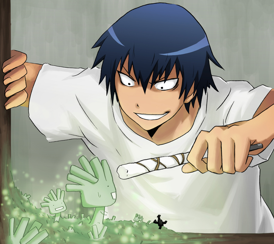 00s 1boy blue_hair chrysogenum crossover gradient_background male_focus moyashimon short_hair solo takasu_ryuuji tansan_otoko toradora! trichoides upper_body