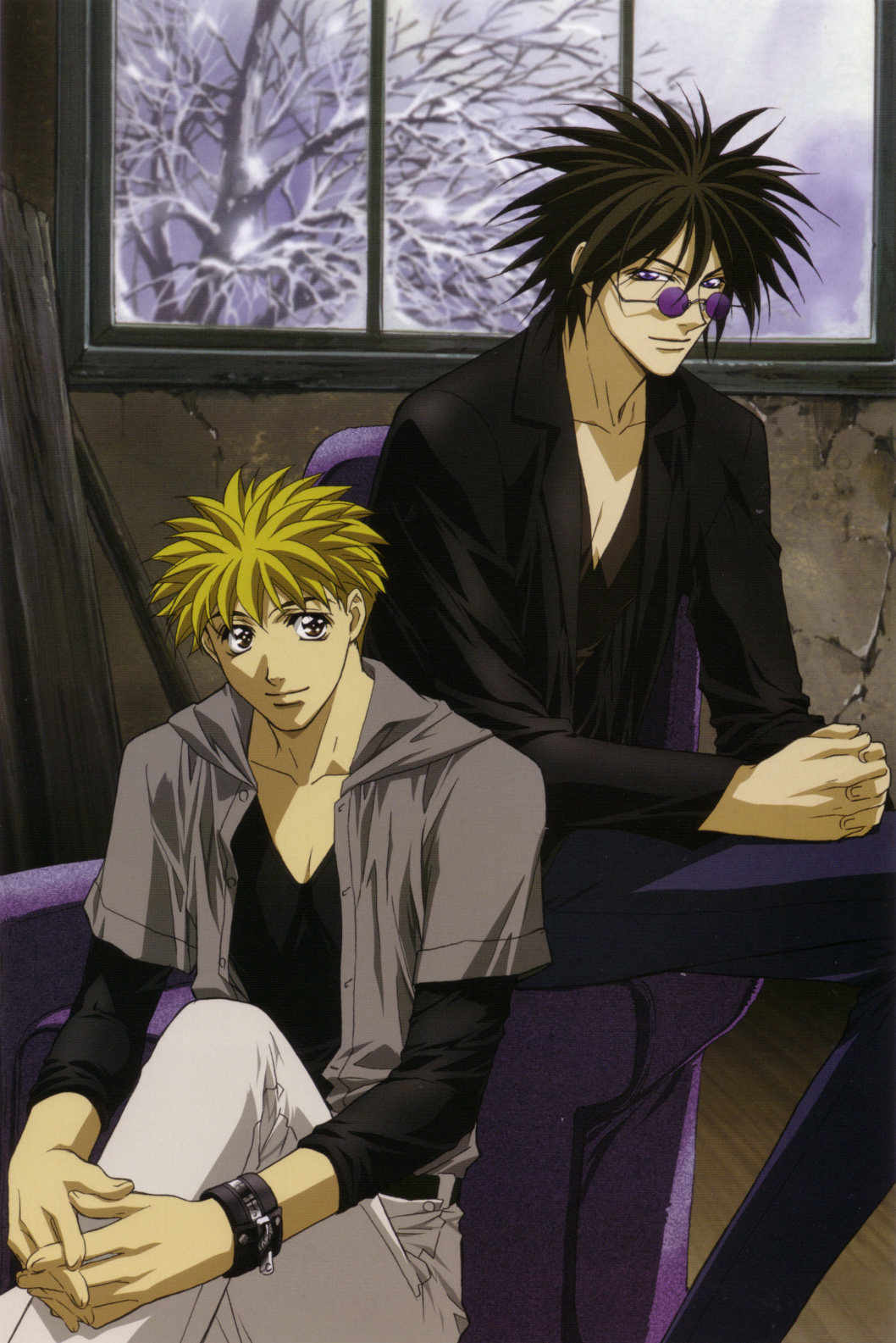 2boys amano_ginji bare_tree black_hair black_jacket black_shirt blonde_hair blue_pants bracelet brown_eyes buttons chair closed_mouth cloud cloudy_sky collarbone day getbackers grey_jacket grey_pants highres indoors jacket jewelry knee_up long_sleeves looking_at_viewer male_focus midou_ban multiple_boys nakajima_atsuko open_clothes open_jacket own_hands_clasped own_hands_together pants purple_eyes shirt sitting sky smile snow spiked_hair sunglasses tree unbuttoned window wood