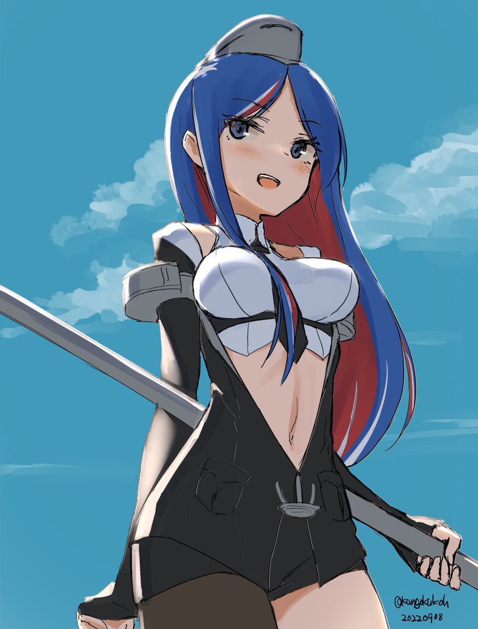 1girl black_necktie black_shorts blue_eyes blue_hair blush breasts cloud crop_top dated day detached_sleeves headgear highres holding kangoku_kou kantai_collection long_hair medium_breasts navel necktie open_mouth outdoors red_hair shorts single_leg_pantyhose sky solo south_dakota_(kancolle) twitter_username