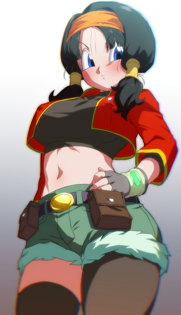 1girl alternate_breast_size asymmetrical_legwear belt belt_pouch black_belt black_hair blue_eyes breasts brown_pantyhose brown_thighhighs bush closed_mouth cosplay covered_erect_nipples cowboy_shot crop_top cropped_jacket dragon_ball dragon_ball_heroes dragonball_z fingerless_gloves gloves gradient_background green_shorts grey_gloves hand_on_own_hip jacket large_breasts midriff mismatched_legwear navel pan_(dragon_ball) pan_(xeno)_(dragon_ball) pan_(xeno)_(dragon_ball)_(cosplay) pantyhose pouch red_jacket rom_(20) short_shorts shorts single_leg_pantyhose single_thighhigh solo thighhighs twintails videl