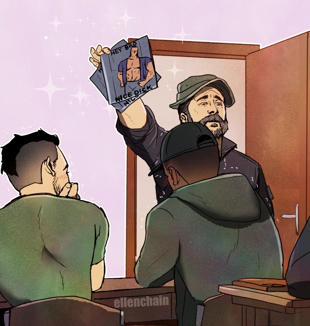 3boys artist_name asymmetrical_hair baseball_cap beard black_hair black_jacket blush call_of_duty call_of_duty:_modern_warfare_2 captain_price dark-skinned_male dark_skin ellen_chain facial_hair gaz_(call_of_duty_4) green_shirt grey_hoodie hat holding holding_photo hood hood_down hoodie jacket looking_at_another male_focus meme multiple_boys photo_(object) shirt short_hair sidecut soap_(modern_warfare_2) undercut