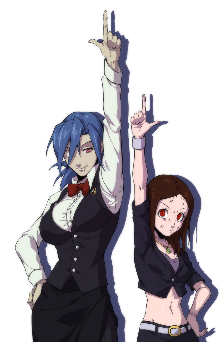 2girls bad_id bad_pixiv_id blue_hair bow bowtie breasts brown_hair carol_(skullgirls) crop_top crossdressing crossdressing_(ftm) death_parade forehead ganno gem hand_on_own_hip highres jewelry large_breasts medium_breasts midriff multiple_girls navel necklace one-eyed painwheel_(skullgirls) pale_skin pantyhose parody parted_bangs pointing pointing_up ponytail red_eyes saturday_night_fever scar scar_across_eye scar_on_face shirt side-by-side side_slit skirt skullgirls small_breasts smile stitches valentine_(skullgirls) vest