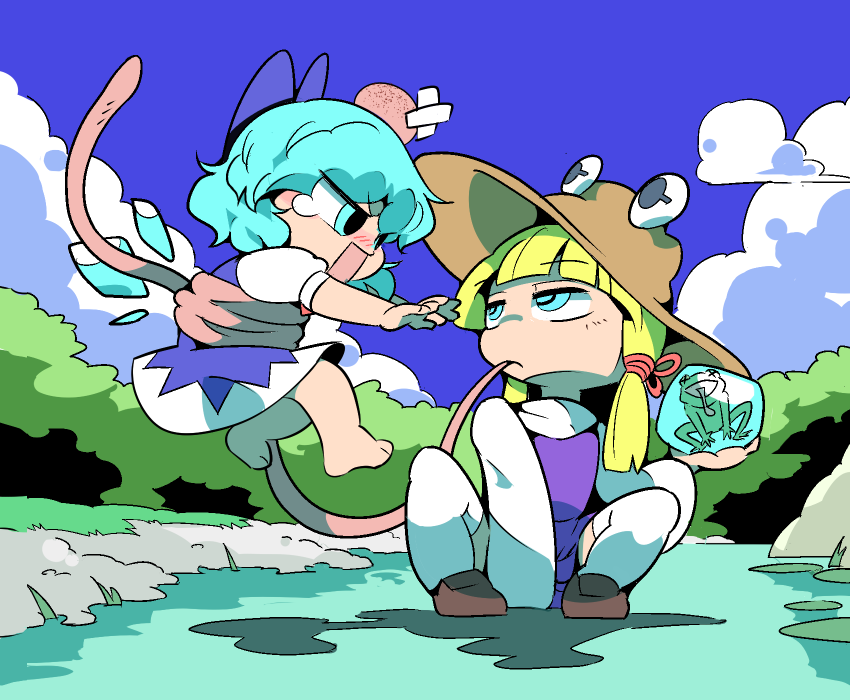 2girls barefoot blonde_hair blue_bow blue_eyes bow cirno cloud crossed_bandaids day dress frog frozen frozen_frog hair_bow hat head_bump holding ice ice_wings long_tongue moriya_suwako moyazou_(kitaguni_moyashi_seizoujo) multiple_girls on_water open_mouth outdoors prehensile_tongue restrained shoes squatting standing standing_on_liquid tears thighhighs tongue tongue_hold tongue_out touhou very_long_tongue water white_legwear wings x_x