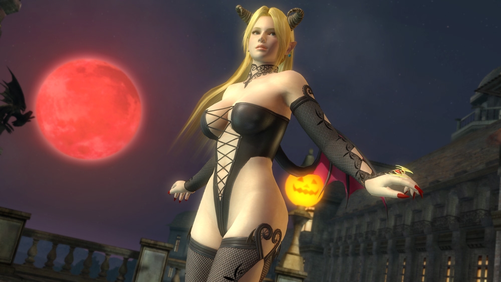 1girl 3d blonde_hair blue_eyes breasts cleavage dead_or_alive dead_or_alive_5 demon_girl demon_wings female_focus halloween helena_douglas horns large_breasts long_hair moon night official_art pointy_ears solo tecmo wings