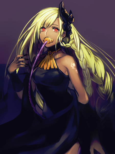 01rosso 1girl bad_id bad_pixiv_id bare_shoulders black_dress black_nails blonde_hair braid breasts dark-skinned_female dark_skin dress fingernails granblue_fantasy hair_ornament helel_ben_shalem long_fingernails long_hair looking_at_viewer nail_polish pacifier red_eyes ribbon solo tattoo very_long_hair