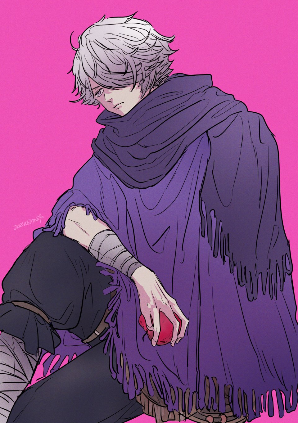 1boy apple bayu_(uyab003) food fringe_trim fruit hair_over_one_eye highres male_focus octopath_traveler octopath_traveler_i poncho scarf short_hair solo therion_(octopath_traveler) white_hair