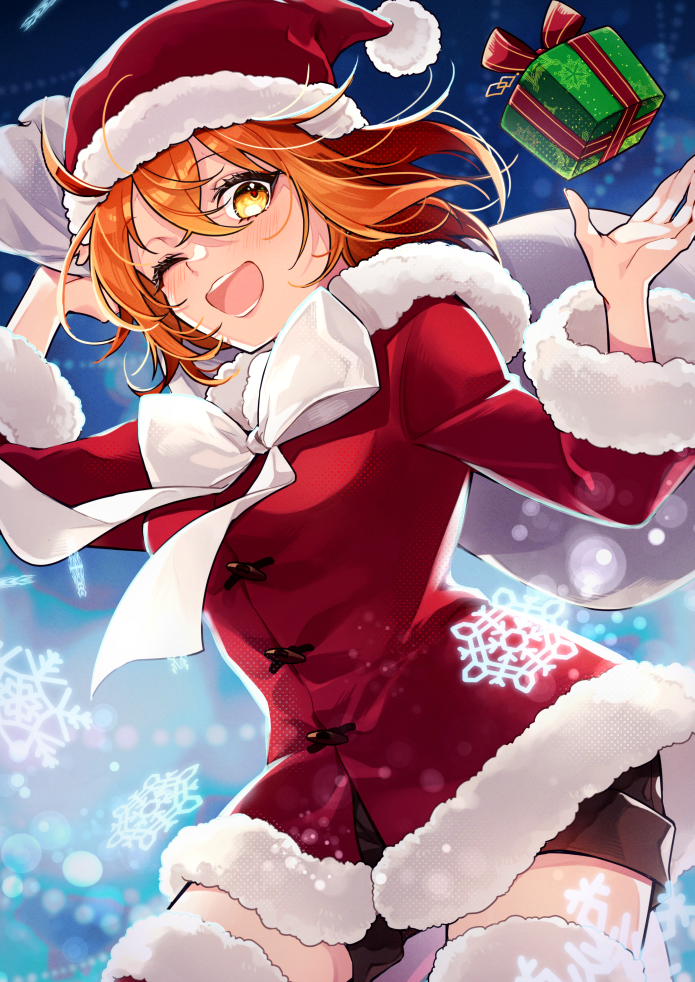 1girl ;d black_shorts boots box coat cowboy_shot fate/grand_order fate_(series) floating_hair fujimaru_ritsuka_(female) fujimaru_ritsuka_(female)_(white_christmas) fur-trimmed_boots fur-trimmed_coat fur-trimmed_headwear fur-trimmed_sleeves fur_trim gift gift_box hat ichino_tomizuki long_hair long_sleeves looking_at_viewer one_eye_closed open_mouth orange_hair red_boots red_coat red_hat santa_hat short_shorts shorts smile solo thigh_boots thighhighs yellow_eyes zettai_ryouiki