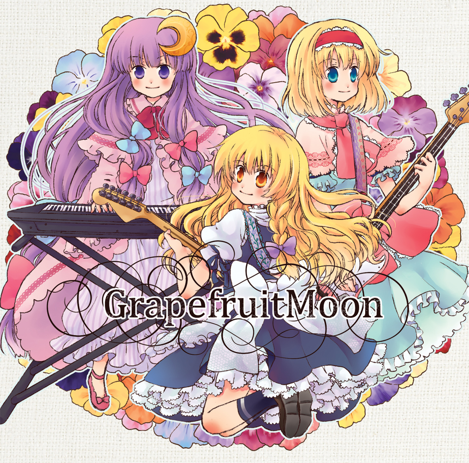 3girls alice_margatroid crescent crescent_hair_ornament female_focus flower guitar hair_ornament instrument keyboard_(instrument) kirisame_marisa multiple_girls orange_flower orange_pansy pansy patchouli_knowledge siva touhou violet_(flower) yellow_flower yellow_pansy