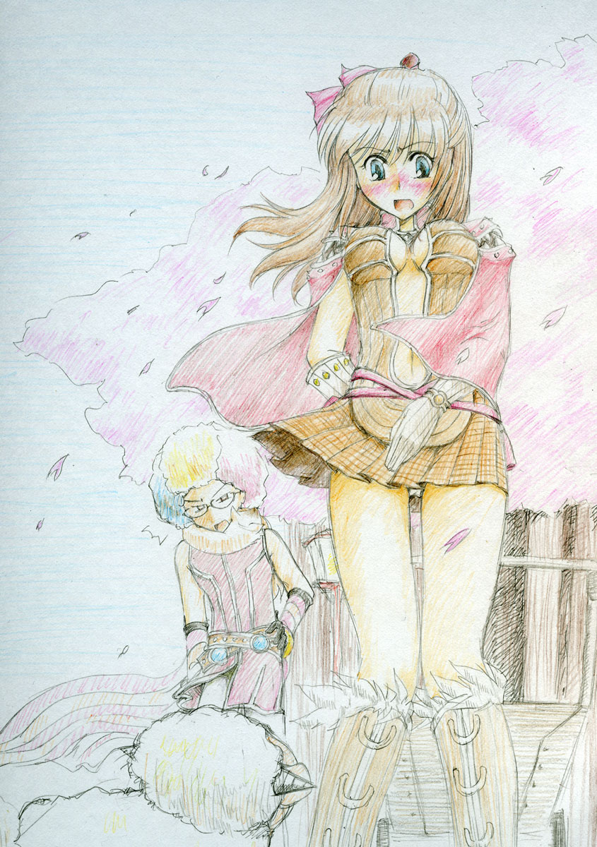 1boy 1girl afro amistr_(ragnarok_online) animal animal_around_neck belt blonde_hair blue_eyes blue_hair boots bow breasts brown_belt brown_boots brown_dress brown_hair cape cherry_blossoms colored_pencil_(medium) commentary_request creator_(ragnarok_online) detached_sleeves dress feet_out_of_frame fox fur-trimmed_boots fur_trim gloves harunyan highres long_hair medium_breasts multicolored_hair open_mouth outdoors panties pantyshot pink_bow pink_shirt plunging_neckline professor_(ragnarok_online) ragnarok_online red_cape red_hair sheep shirt short_dress short_hair sleeveless sleeveless_shirt standing striped_sleeves traditional_media underwear white_gloves white_panties white_sleeves wind wind_lift