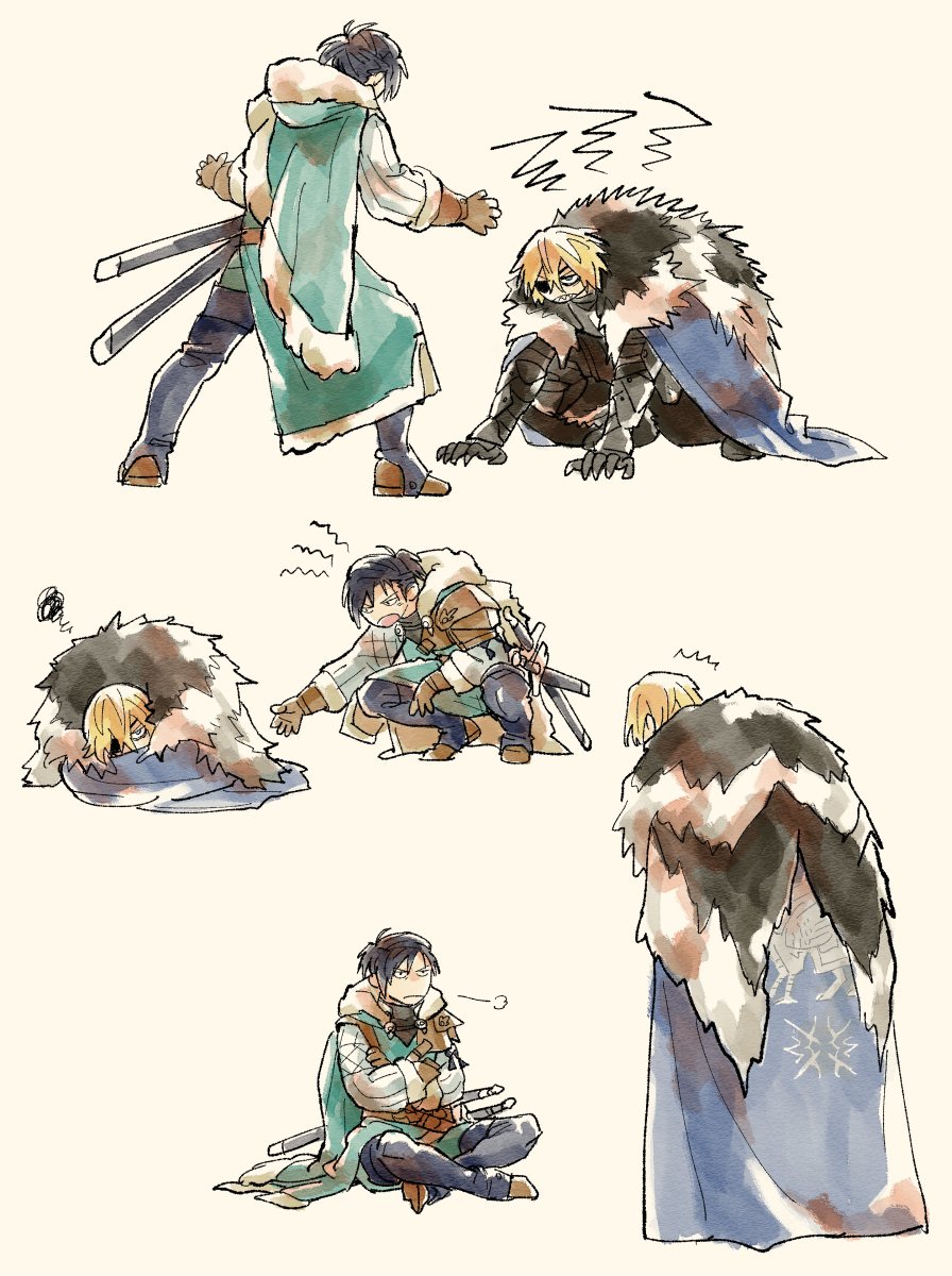 2boys all_fours angry armor black_armor black_fur black_hair blue_cape blue_eyes breastplate brown_gloves cape capelet clawed_gauntlets closed_eyes commentary_request crest crossed_arms curled_up dimitri_alexandre_blaiddyd dimitri_alexandre_blaiddyd_(timeskip) eyepatch felix_hugo_fraldarius felix_hugo_fraldarius_(timeskip) fire_emblem fire_emblem:_three_houses frown fur-trimmed_capelet fur-trimmed_gloves fur-trimmed_hood fur_trim gloves grey_background highres hood hood_down hooded_capelet jitome kneeling leather_armor long_sleeves looking_at_another male_focus multiple_boys multiple_swords multiple_views nintendo onagachan one_eye_covered open_mouth outstretched_arm pinstripe_pattern pinstripe_shirt puff_of_air sharp_teeth shirt simple_background squiggle standing stirrup_legwear sword teeth toeless_legwear weapon white_fur white_shirt