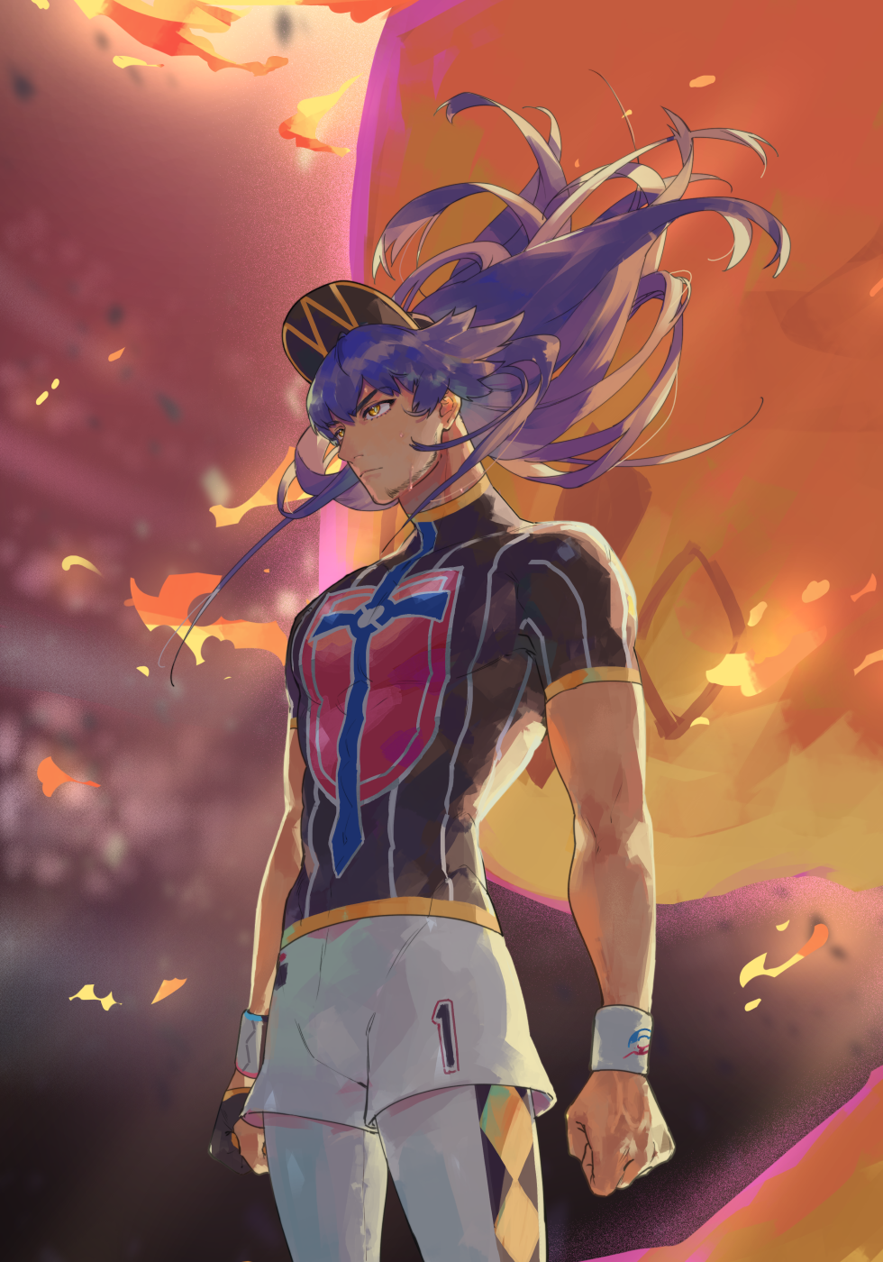 1boy baseball_cap champion_uniform charizard clenched_hands closed_mouth commentary_request dark-skinned_male dark_skin dynamax_band facial_hair fire floating_hair gen_1_pokemon gigantamax gigantamax_charizard gloves hat highres leggings leon_(pokemon) long_hair male_focus nintendo partially_fingerless_gloves pokemon pokemon_(creature) pokemon_swsh purple_hair shield_print shirt short_shorts short_sleeves shorts single_glove stadium standing suruga_dbh sword_print white_shorts yellow_eyes