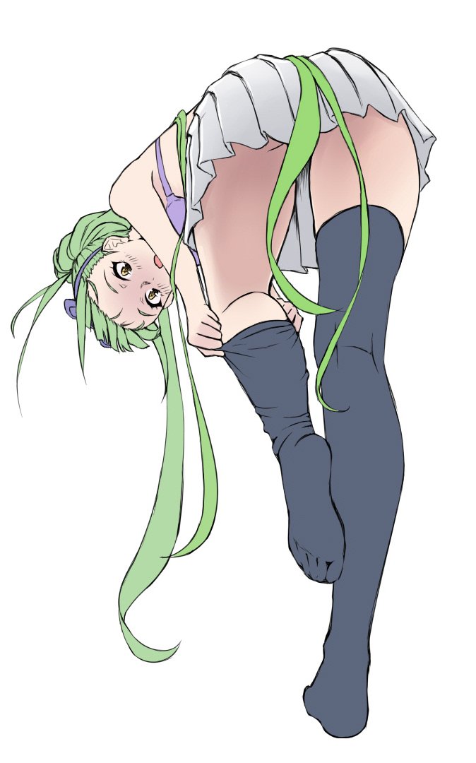 1girl azur_lane black_thighhighs blouse blush bra danbora feet green_hair hair_ribbon long_hair no_shoes open_mouth ponytail ribbon shirt shropshire_(azur_lane) simple_background skirt thighhighs thighhighs_pull underwear white_background white_shirt white_skirt yellow_eyes