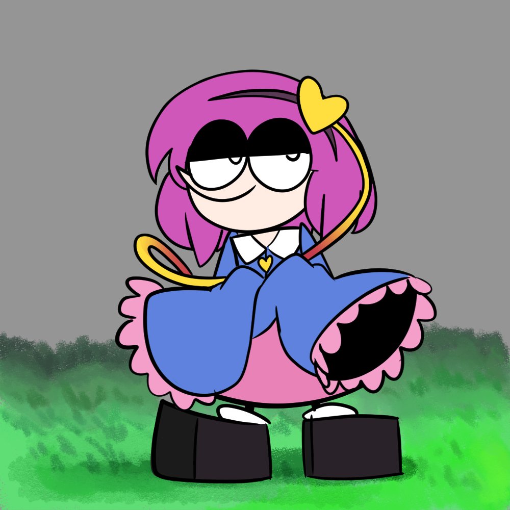 1girl cable collar dina_ariya frills grass grey_background half-closed_eyes heart komeiji_satori looking_to_the_side pink_hair pink_skirt simple_background skirt smug solo touhou white_collar