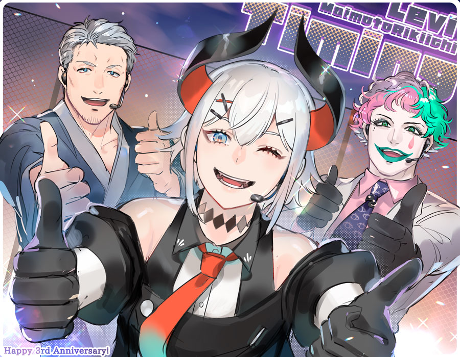 1girl 2boys aqua_necktie bare_shoulders black_gloves black_horns blue_eyes curled_horns double_thumbs_up facial_hair fangs gloves green_eyes green_hair green_lips grey_hair hair_ornament hairclip headset horns japanese_clothes joe_rikiichi levi_elipha levi_elipha_(1st_costume) looking_at_viewer maimoto_keisuke maimoto_keisuke_(1st_costume) multicolored_hair multicolored_horns multiple_boys necktie nijisanji ojica one_eye_closed open_mouth orange_horns orange_necktie pink_hair purple_hair purple_necktie teardrop_facial_mark teeth thumbs_up two-tone_horns two-tone_necktie virtual_youtuber white_hair x_hair_ornament