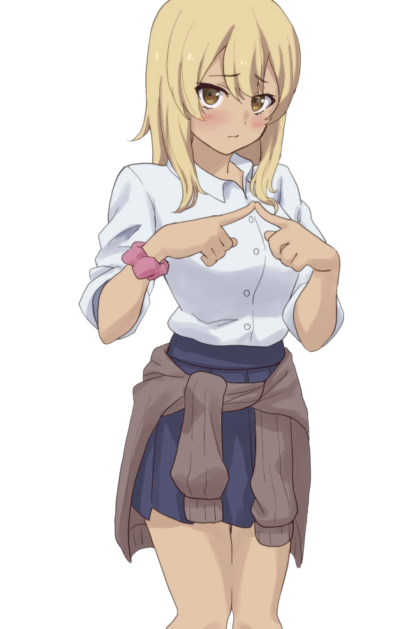 1girl blonde_hair blue_skirt blush brown_cardigan brown_eyes cardigan cardigan_around_waist closed_mouth clothes_around_waist cowboy_shot dark-skinned_female dark_skin higa_kana index_fingers_together long_hair looking_at_viewer miniskirt okinawa_de_suki_ni_natta_ko_ga_hougen_sugite_tsurasugiru pink_scrunchie school_uniform scrunchie shirt shizupu simple_background skirt sleeves_rolled_up solo white_background white_shirt wrist_scrunchie