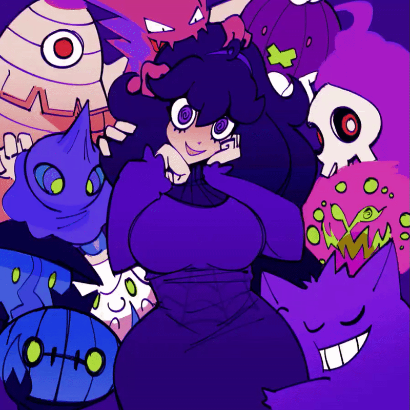 1girl animated animated_gif blue_hair breasts cdlum chandelure closed_eyes dress drifloon dusclops duskull gen_1_pokemon gen_3_pokemon gen_4_pokemon gen_5_pokemon gengar ghost goth_fashion hairband happy haunter hex_maniac_(pokemon) lampent large_breasts litwick long_sleeves nintendo pokemon pokemon_(creature) pokemon_xy purple_dress purple_eyes shuppet smile spiritomb teeth wide_hips