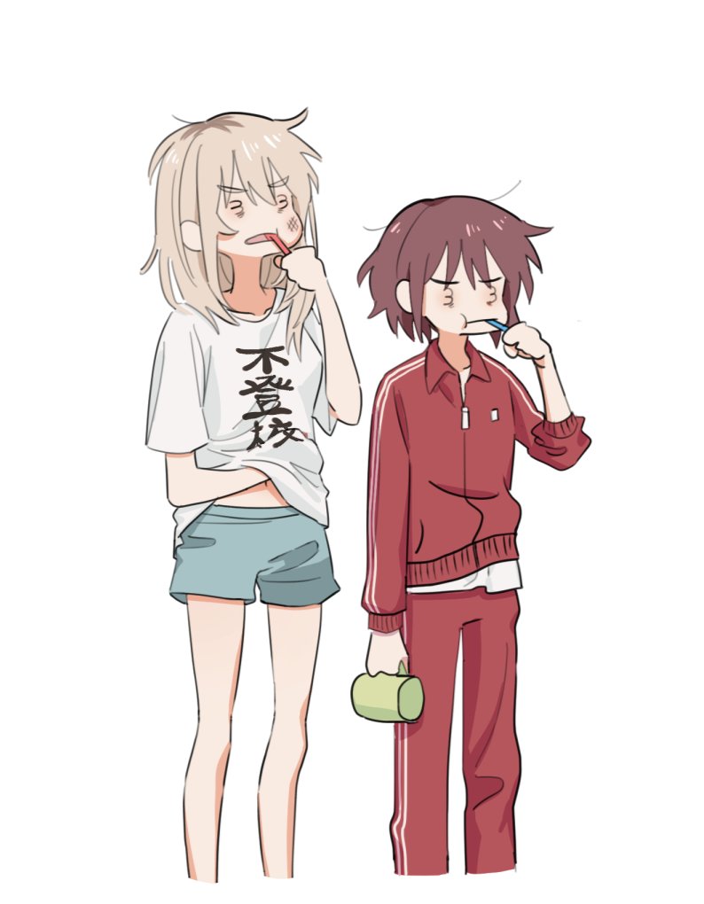 2girls 3_3 brown_hair brushing_teeth closed_mouth clothes_writing gganchan girls_band_cry iseri_nina jacket kawaragi_momoka light_brown_hair long_sleeves messy_hair midriff_peek multicolored_hair multiple_girls navel pants red_jacket red_pants red_track_suit roots_(hair) scratching shirt short_hair short_sleeves sidelocks simple_background track_suit translation_request white_background white_shirt