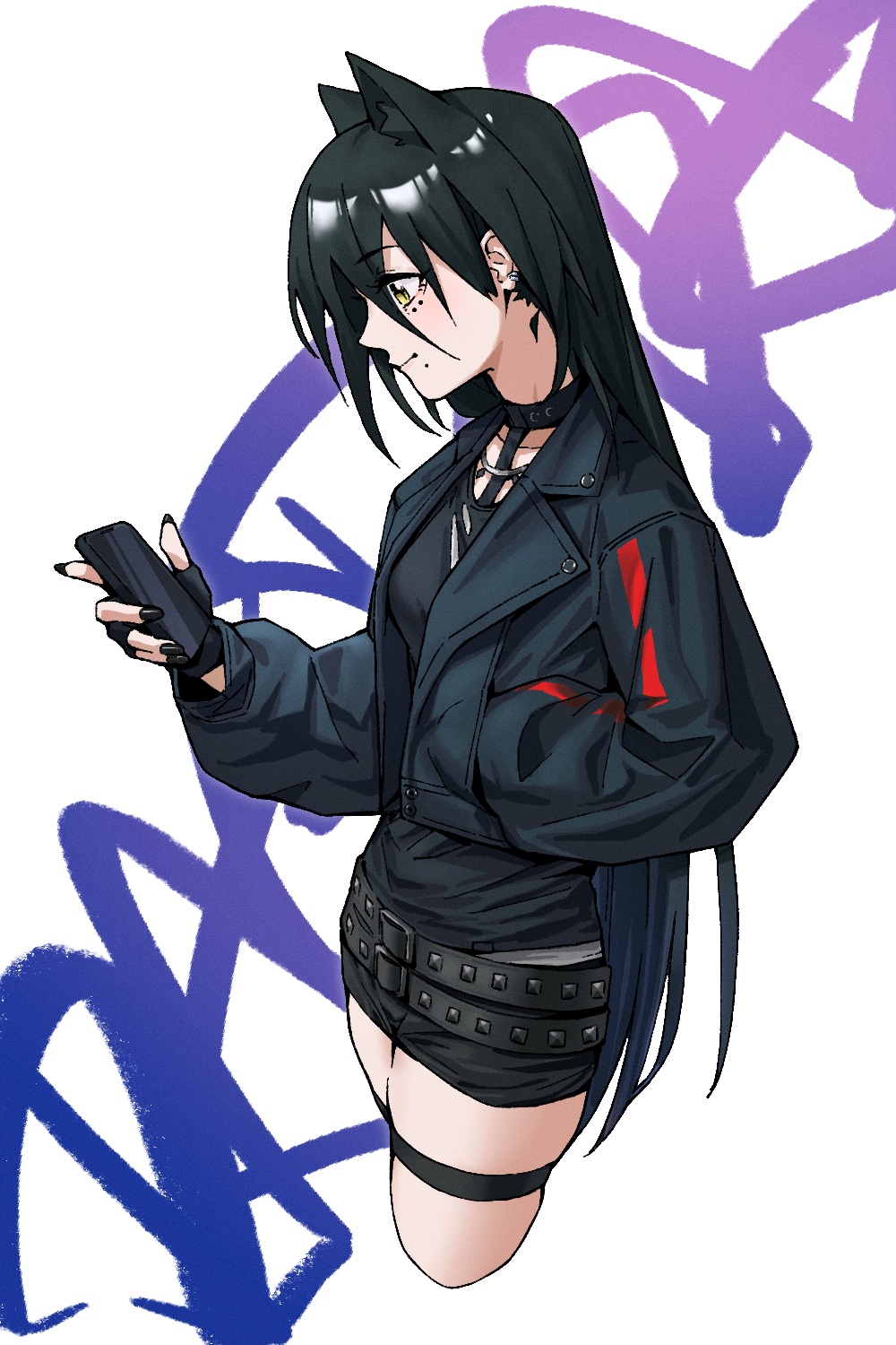 1girl animal_ears arknights belt belt_buckle black_belt black_gloves black_hair black_nails black_shirt black_shorts buckle cat_ears cellphone choker collarbone cropped_jacket dagda_(arknights) emile_aoi fingerless_gloves gloves graffiti hand_in_pocket highres holding holding_phone jacket light_smile long_hair looking_at_phone looking_down material_growth mole mole_under_eye mole_under_mouth multiple_belts multiple_moles nail_polish open_clothes open_jacket oripathy_lesion_(arknights) phone shirt shorts simple_background skindentation smartphone striped_clothes striped_jacket studded_belt t-shirt thigh_strap vertical-striped_clothes vertical-striped_jacket yellow_eyes