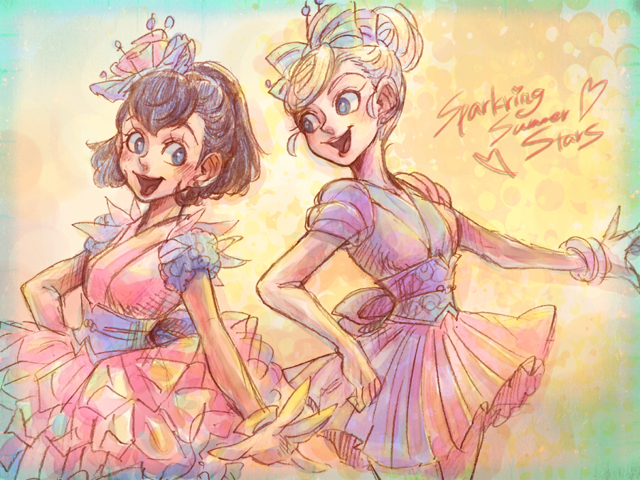 2girls animification blue_eyes bracelet daisy_duck disney disneyland dress english_text hair_bun happy humanization jewelry looking_at_viewer ma_san_yp mickey_mouse_&amp;_friends minnie_mouse multiple_girls open_mouth personification short_hair smile