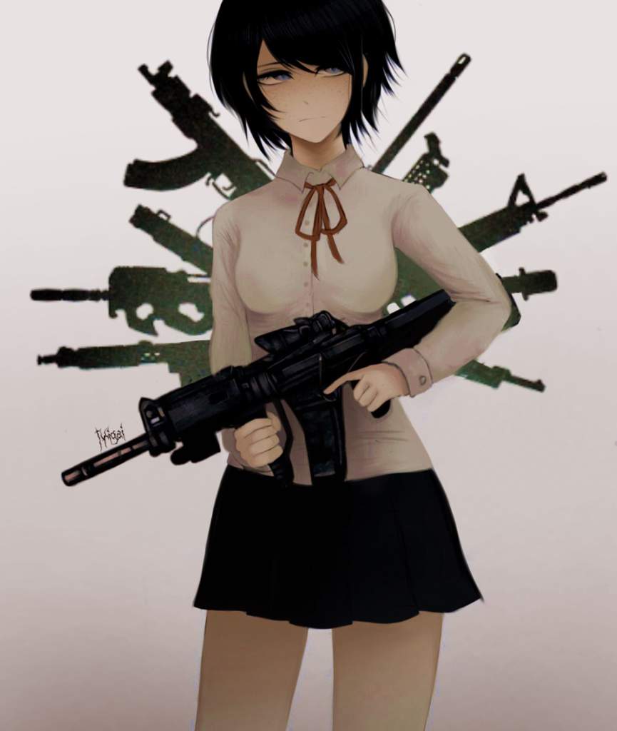 1girl black_hair black_skirt blue_eyes bow breasts closed_mouth danganronpa:_trigger_happy_havoc danganronpa_(series) female_focus freckles frown gradient_background gun hair_between_eyes holding holding_gun holding_rifle holding_weapon ikusaba_mukuro long_sleeves medium_breasts neck_ribbon pleated_skirt red_bow red_ribbon ribbon shirt simple_background skirt solo standing weapon white_background white_shirt