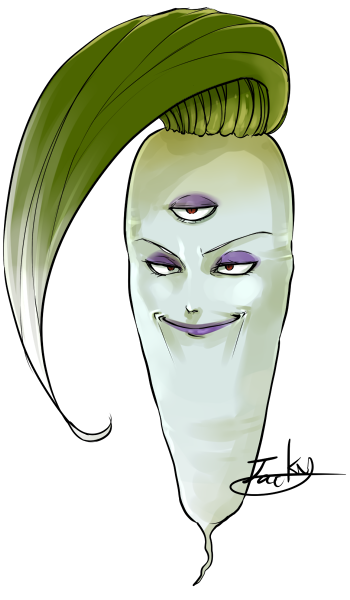 1boy closed_mouth commentary_request daikon dragon_quest dragon_quest_vii eyeshadow food head_only kale makeup male_focus orgo_demira purple_eyeshadow purple_lips radish red_eyes signature smile solo trait_connection triclops vegetable white_background
