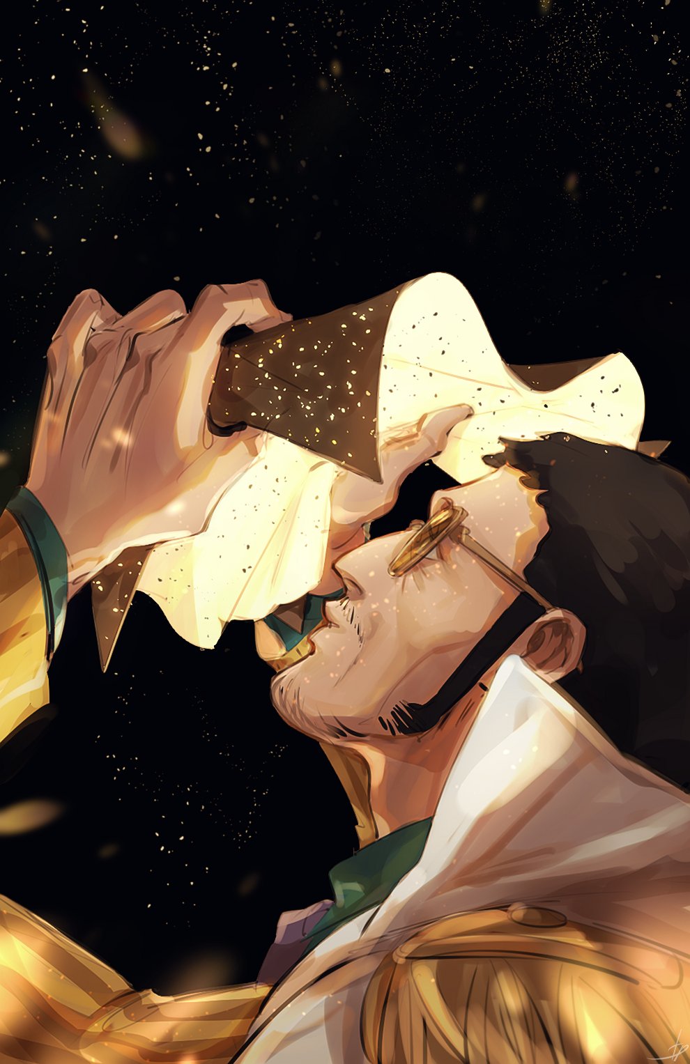 1boy 6cheetah black_hair borsalino_(kizaru) facial_hair from_side highres holding light_particles long_sideburns male_focus mature_male mustache_stubble night night_sky one_piece parted_lips photokinesis profile short_hair sideburns sky solo sparse_stubble star_(sky) starry_sky stubble sunglasses upper_body
