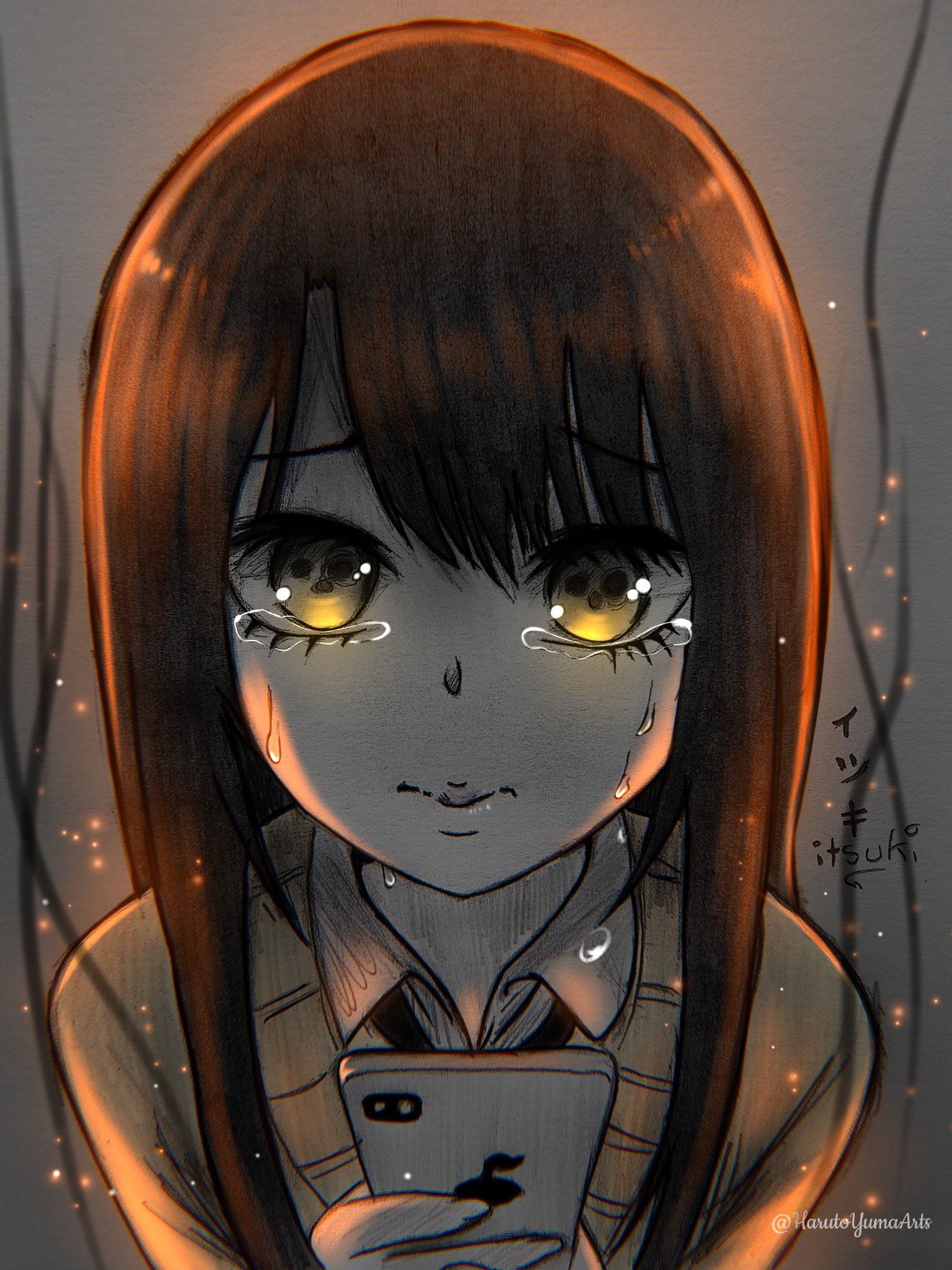 apple_inc. artist_name closed_mouth cover cover_page crying crying_with_eyes_open derivative_work fire grey_background harutoyumaarts highres holding holding_phone horrified long_hair looking_at_viewer manga_cover mieruko-chan phone scared smoke smoke_trail sweater tears twitter_username yellow_eyes yotsuya_miko