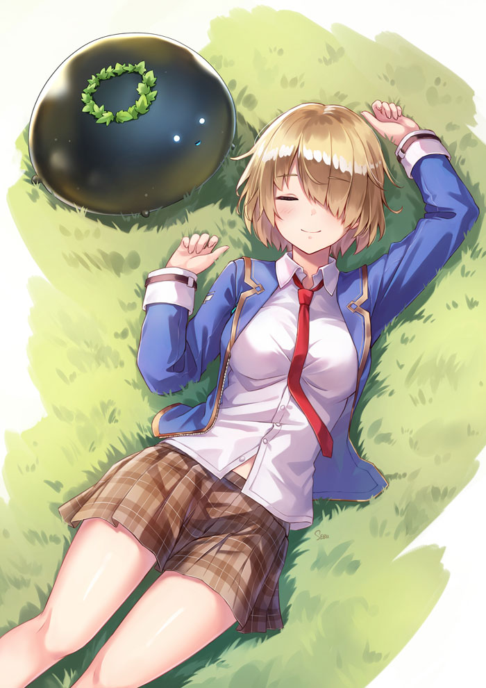 1girl blue_jacket breasts brown_hair brown_skirt closed_eyes closed_mouth collared_shirt commentary hair_over_one_eye heaven_burns_red jacket kayamori_ruka long_sleeves lying medium_breasts narvy_(heaven_burns_red) necktie on_back on_grass plaid_clothes plaid_skirt red_necktie sebu_illust shirt short_hair skirt sleeve_cuffs solo upper_body white_shirt